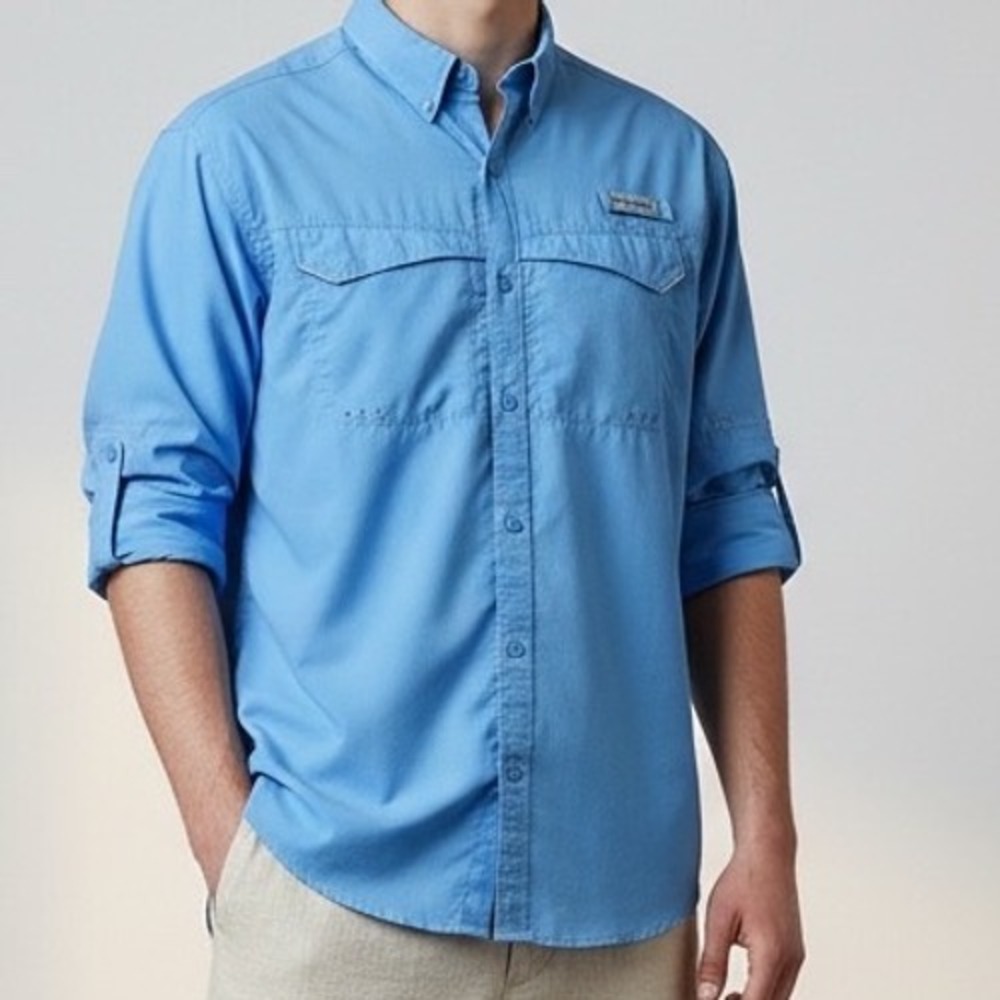 Columbia PFG Long Sleeve Fishing Shirt Men's L/G Light‎ Blue Sun Protection